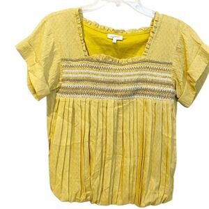 Mystree Mustard Yellow Smocked Embroidered Square Neck Bubble Hem Top Small